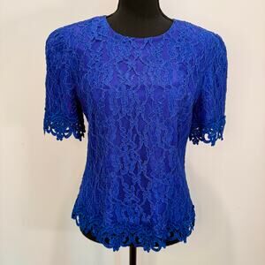 Vintage Cachet Royal Blue Lace Short Sleeve Top – Size 10 – Made in USA